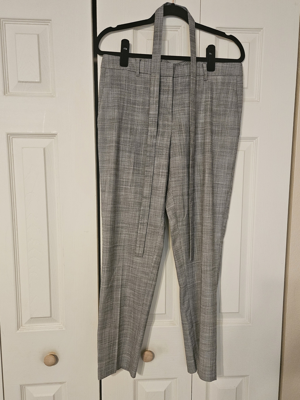 DKNY Plaid Gray Cropped Women's Dress Pants with Self-Tie Waist